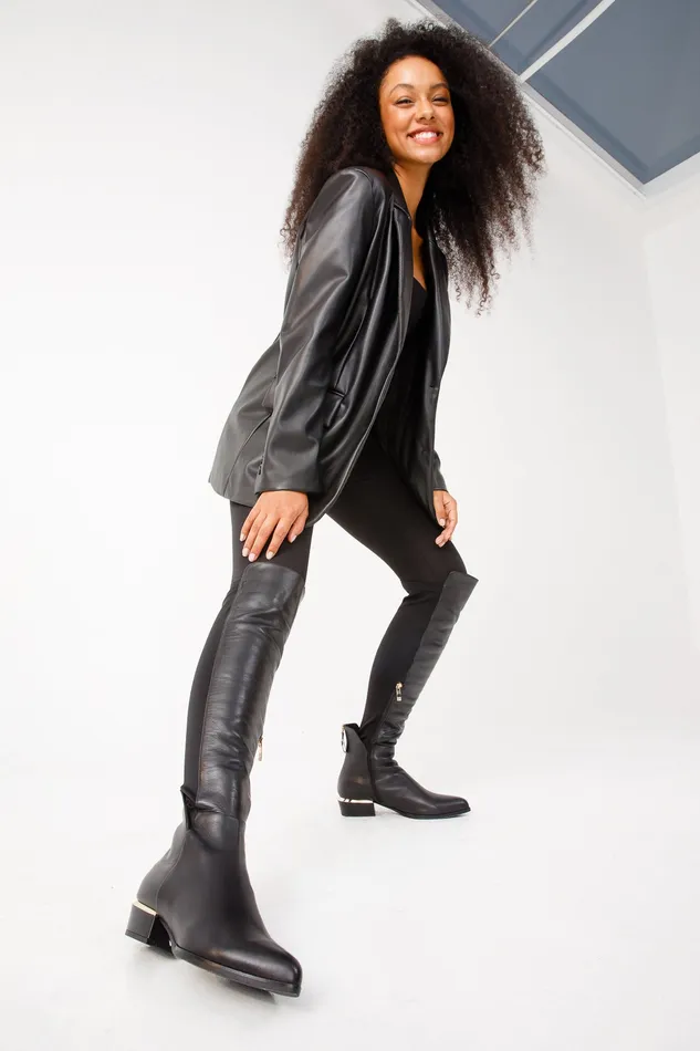 Women The Fairoks Black Leather Pointy Toe Knee High Boot Vinci Leather Boots and Booties