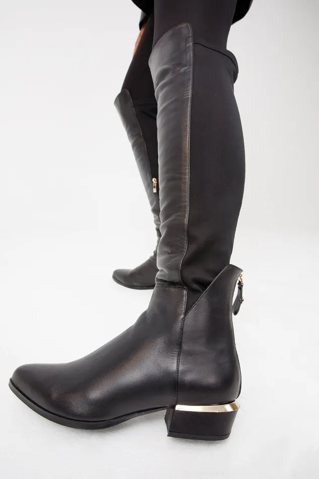Women The Fairoks Black Leather Pointy Toe Knee High Boot Vinci Leather Boots and Booties