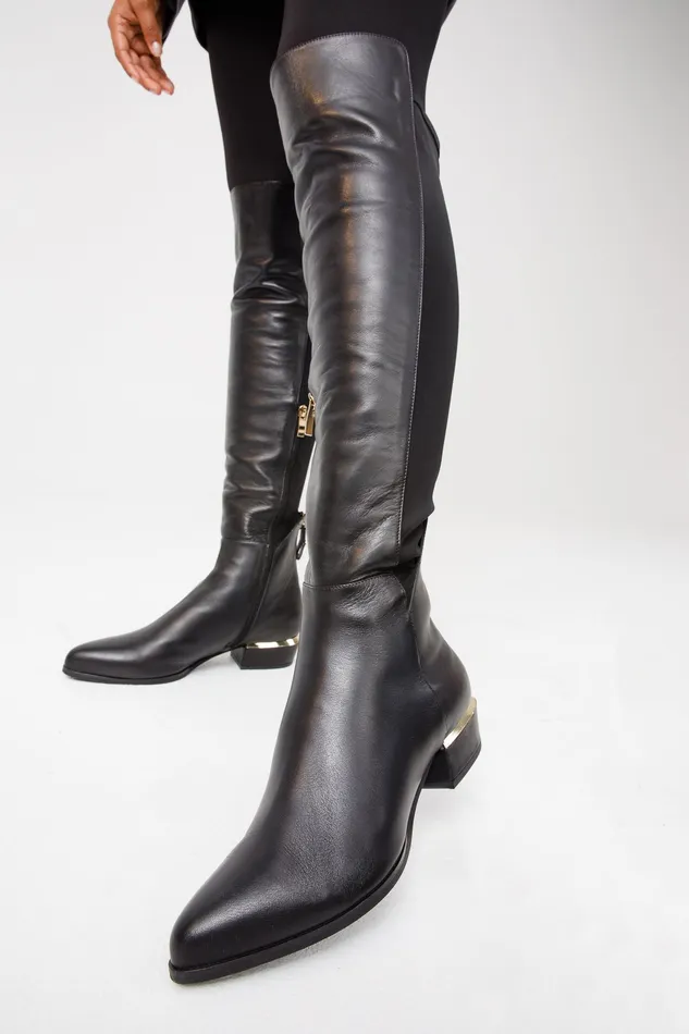 Women The Fairoks Black Leather Pointy Toe Knee High Boot Vinci Leather Boots and Booties