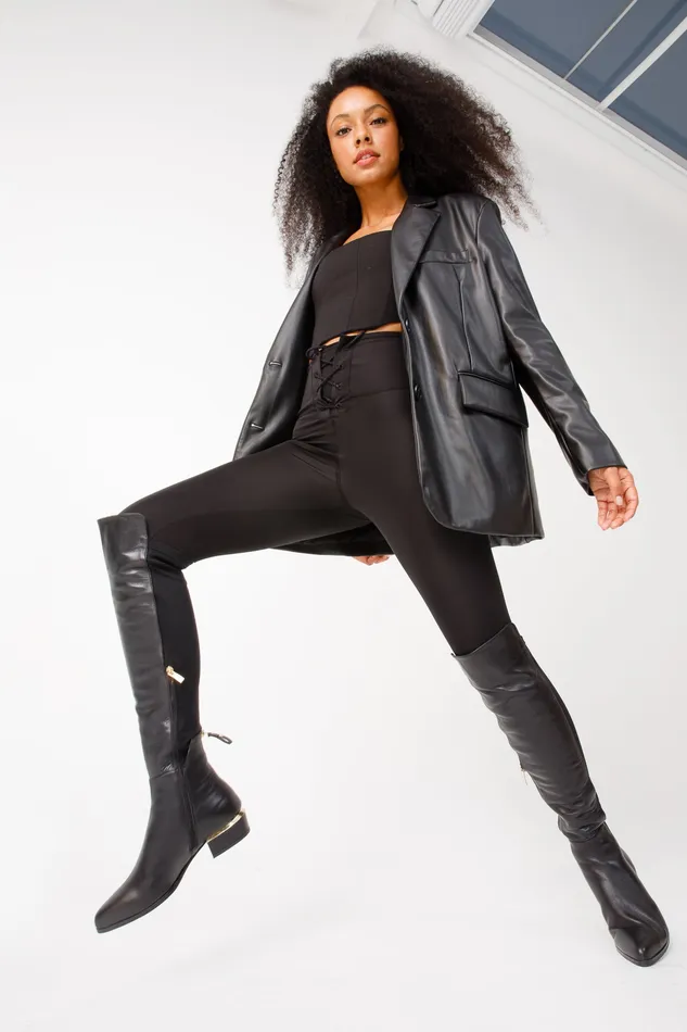 Women The Fairoks Black Leather Pointy Toe Knee High Boot Vinci Leather Boots and Booties