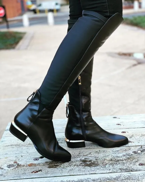 Women The Fairoks Black Leather Pointy Toe Knee High Boot Vinci Leather Boots and Booties