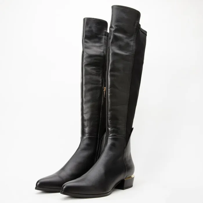 Women The Fairoks Black Leather Pointy Toe Knee High Boot Vinci Leather Boots and Booties