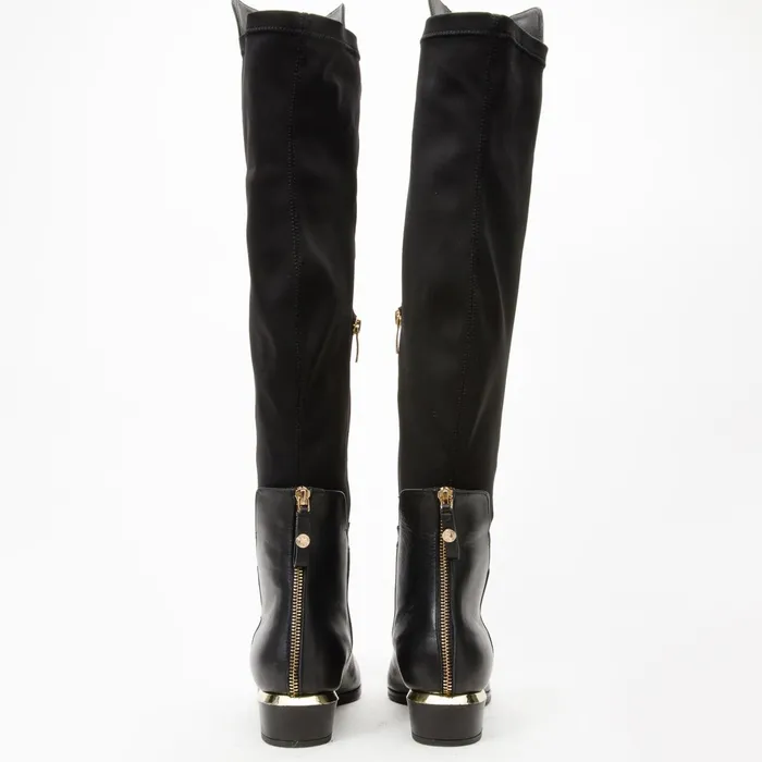 Women The Fairoks Black Leather Pointy Toe Knee High Boot Vinci Leather Boots and Booties