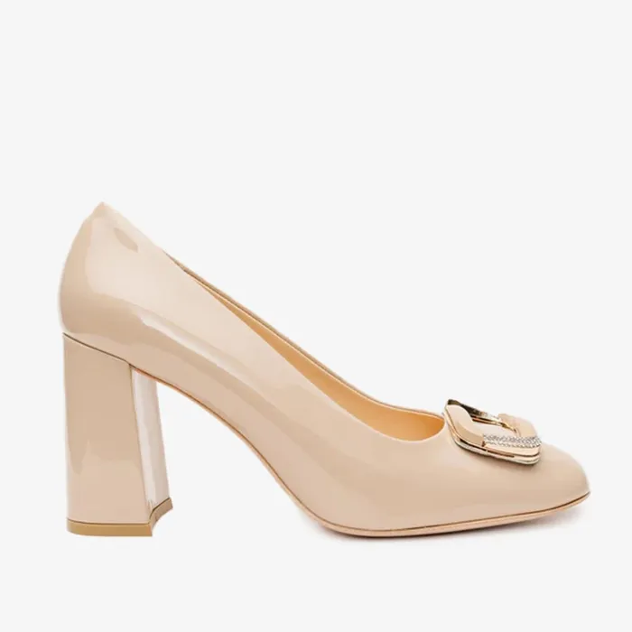 Women The Ferrara Cream Patent Leather Block Heel Pump Shoe Vinci Leather Best Sellers