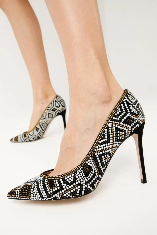 Women The Nampula Black Glitter Leather Pump Shoe Vinci Leather Heels