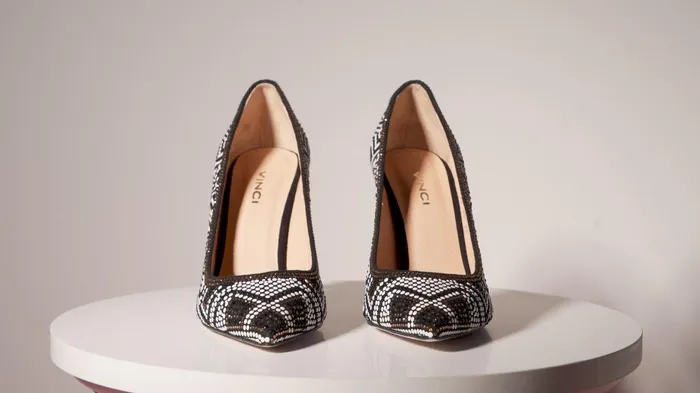 Women The Nampula Black Glitter Leather Pump Shoe Vinci Leather Heels