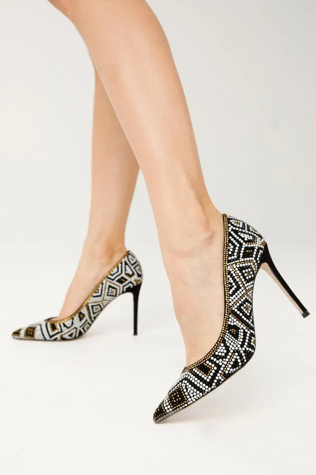 Women The Nampula Black Glitter Leather Pump Shoe Vinci Leather Heels