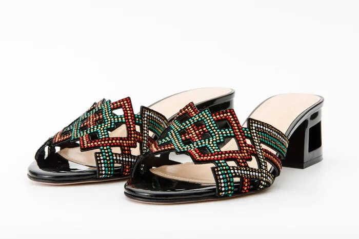 Women The Palma Black Glitter Leather Block Heel Sandal Vinci Leather Sandals