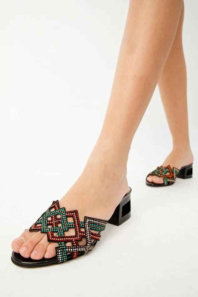 Women The Palma Black Glitter Leather Block Heel Sandal Vinci Leather Sandals