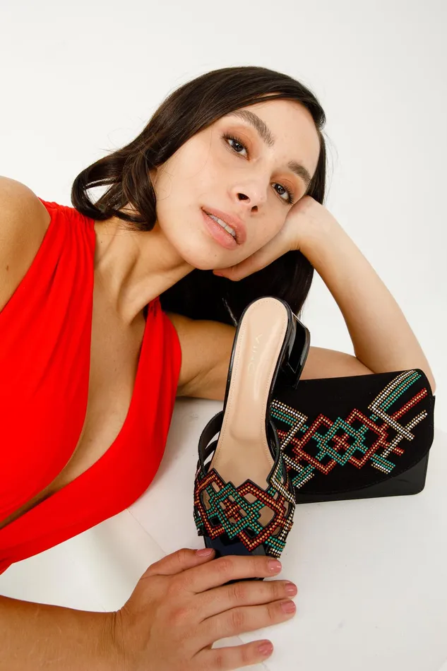 Women The Palma Black Glitter Leather Block Heel Sandal Vinci Leather Sandals