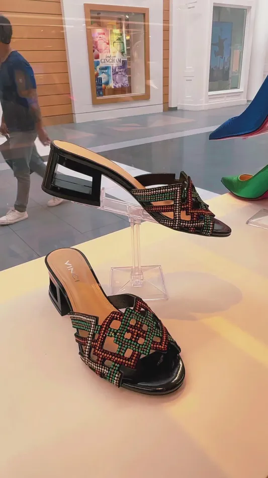 Women The Palma Black Glitter Leather Block Heel Sandal Vinci Leather Sandals