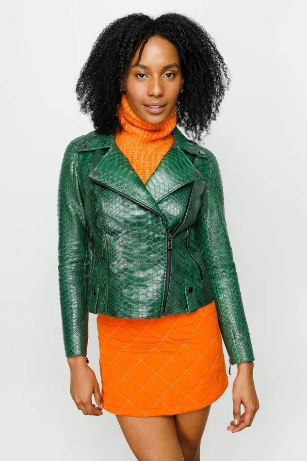 Women The Pythn Skin Green Leather Jacket Vinci Leather Leather Jackets