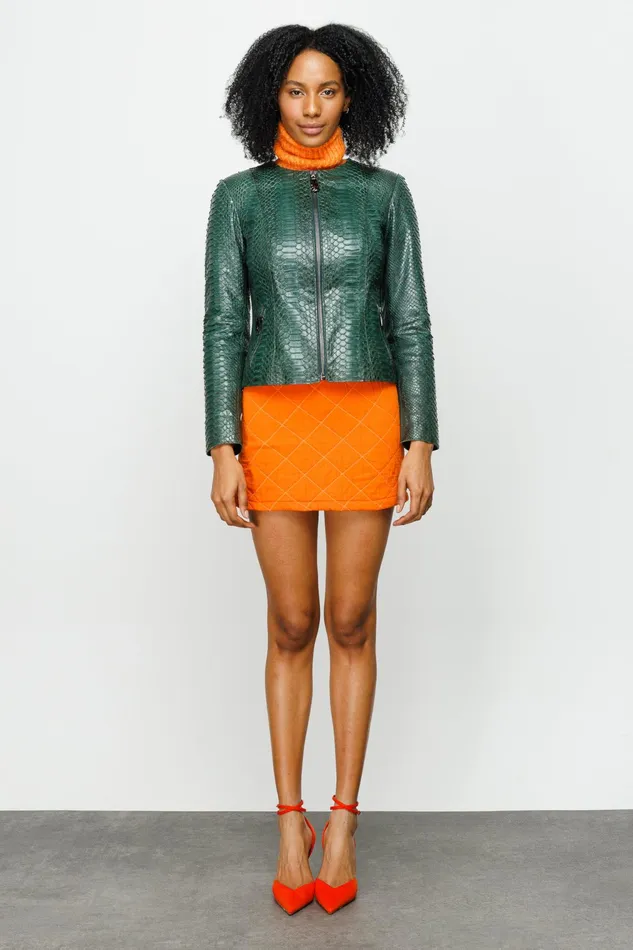 Women The Pythn Skin Green Leather Jacket Vinci Leather Leather Jackets