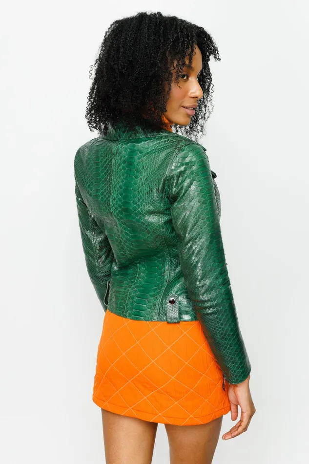 Women The Pythn Skin Green Leather Jacket Vinci Leather Leather Jackets