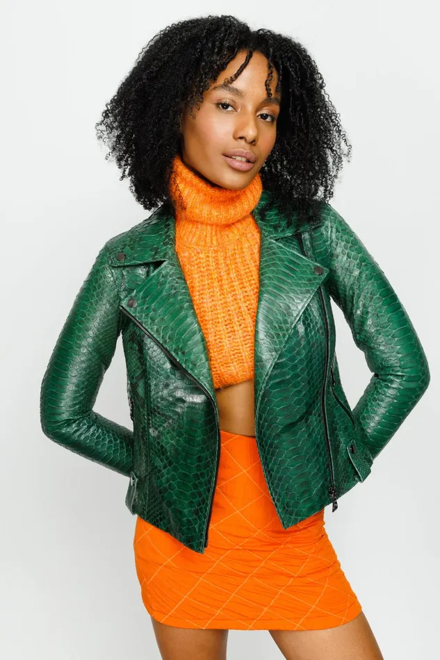 Women The Pythn Skin Green Leather Jacket Vinci Leather Leather Jackets