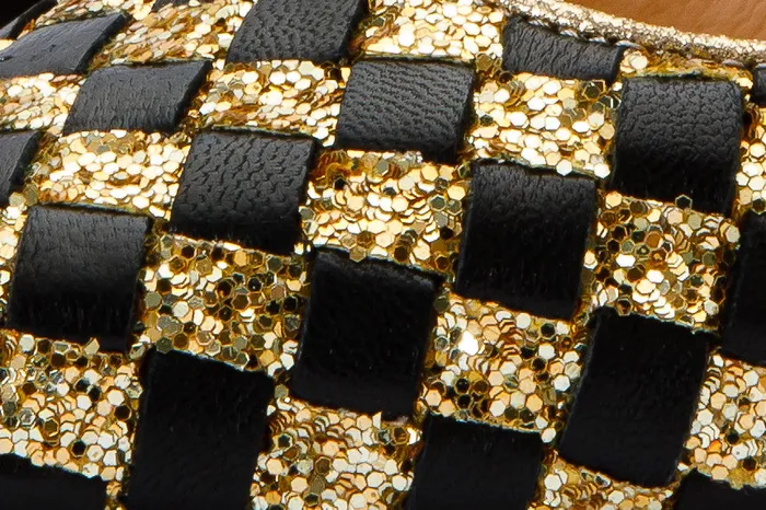 Women The Saks Tory Gold and Black Handwoven Leather Pump Shoe Vinci Leather Heels