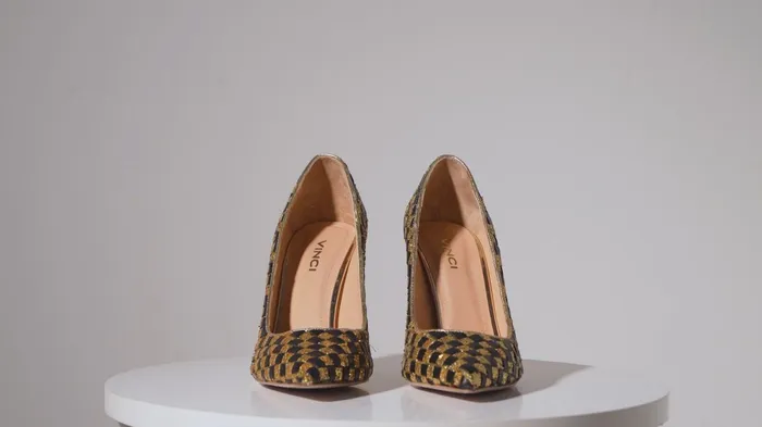 Women The Saks Tory Gold and Black Handwoven Leather Pump Shoe Vinci Leather Heels