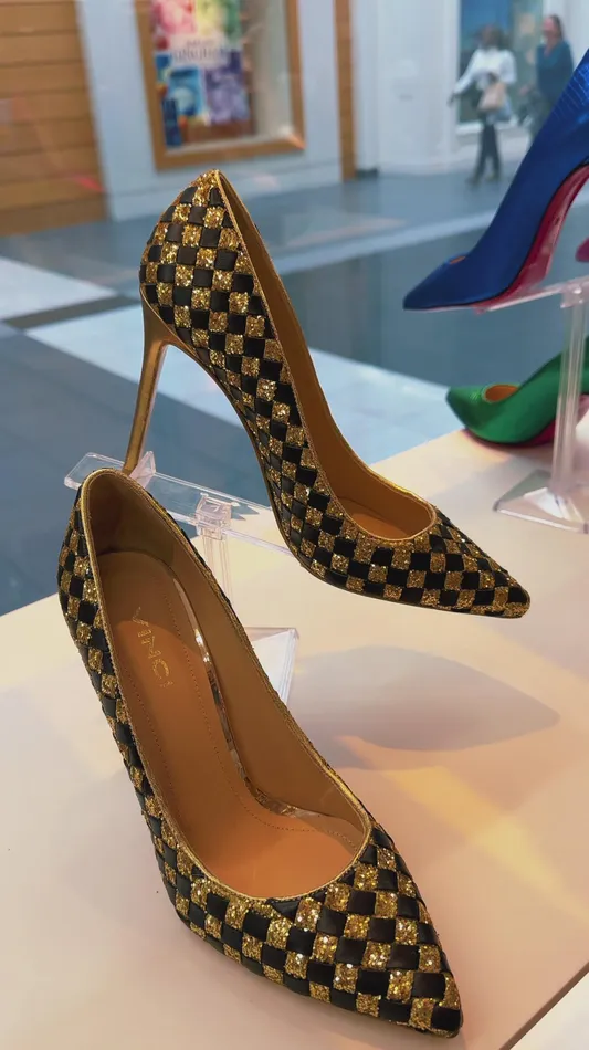 Women The Saks Tory Gold and Black Handwoven Leather Pump Shoe Vinci Leather Heels
