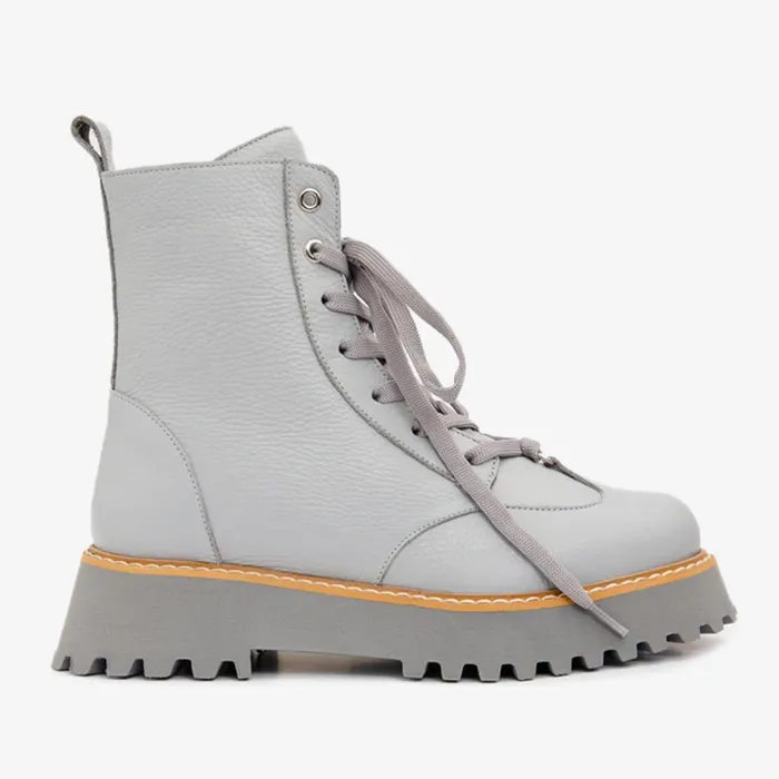 Women The Yildiz Grey Leather LaceUp Ankle Boot With A Side Zipper Vinci Leather Boots and Booties