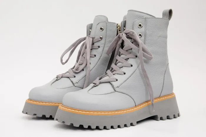 Women The Yildiz Grey Leather LaceUp Ankle Boot With A Side Zipper Vinci Leather Boots and Booties