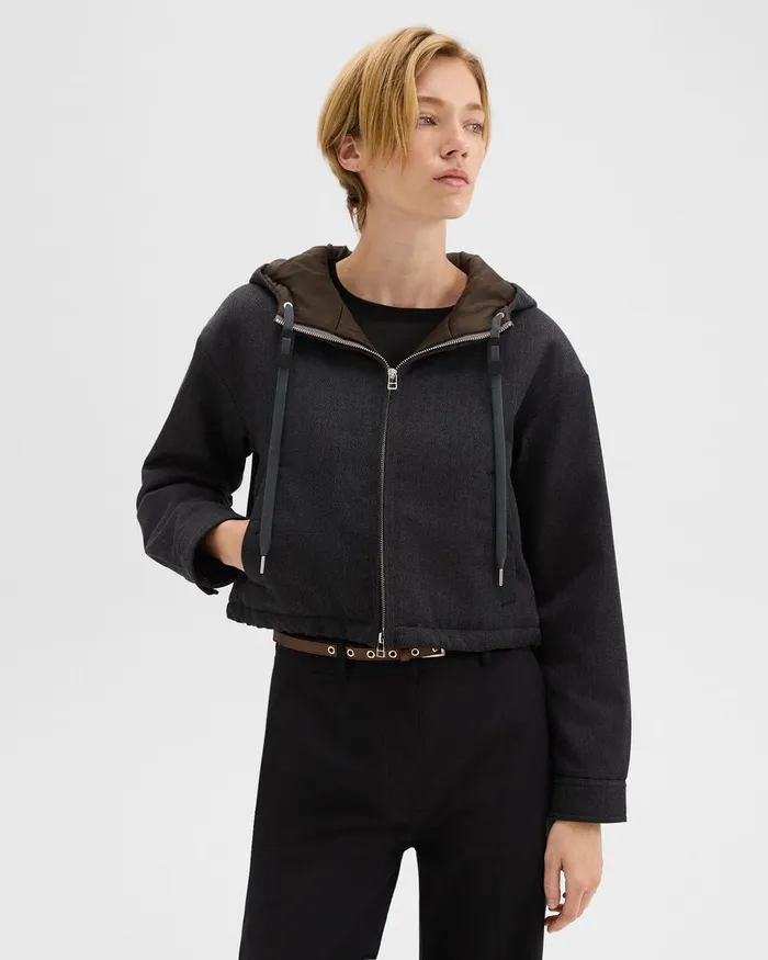 Women Theory Blazers Jackets Cropped ZipUp Hoodie In WoolBlend Twill Charcoal