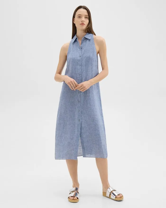 Women Theory Dresses Halter Neck Shirt Dress In Hemp Chambray