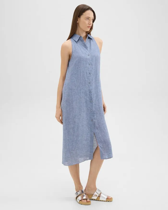 Women Theory Dresses Halter Neck Shirt Dress In Hemp Chambray