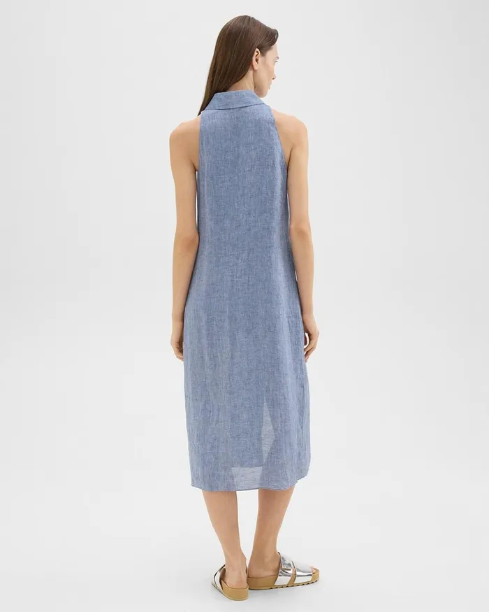 Women Theory Dresses Halter Neck Shirt Dress In Hemp Chambray