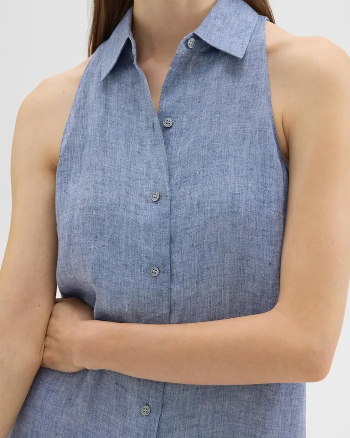 Women Theory Dresses Halter Neck Shirt Dress In Hemp Chambray