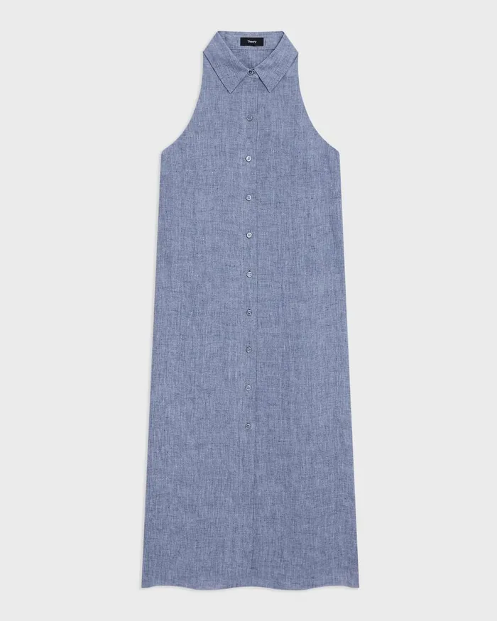 Women Theory Dresses Halter Neck Shirt Dress In Hemp Chambray