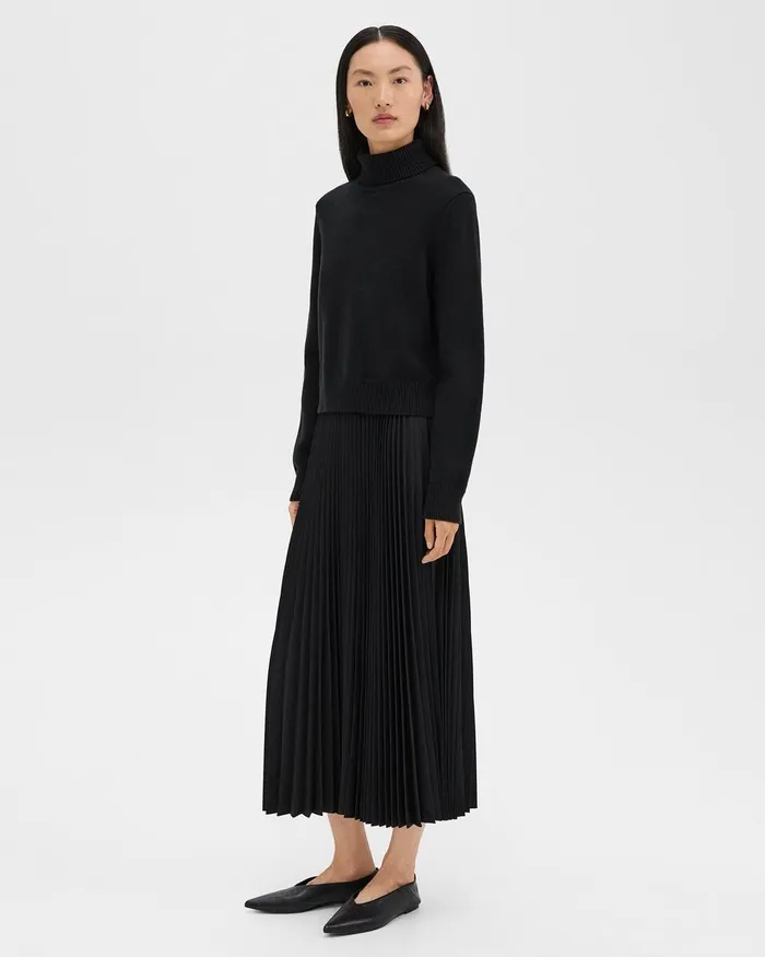 Women Theory Dresses Pleated Combo Dress In Stretch WoolBlend Black