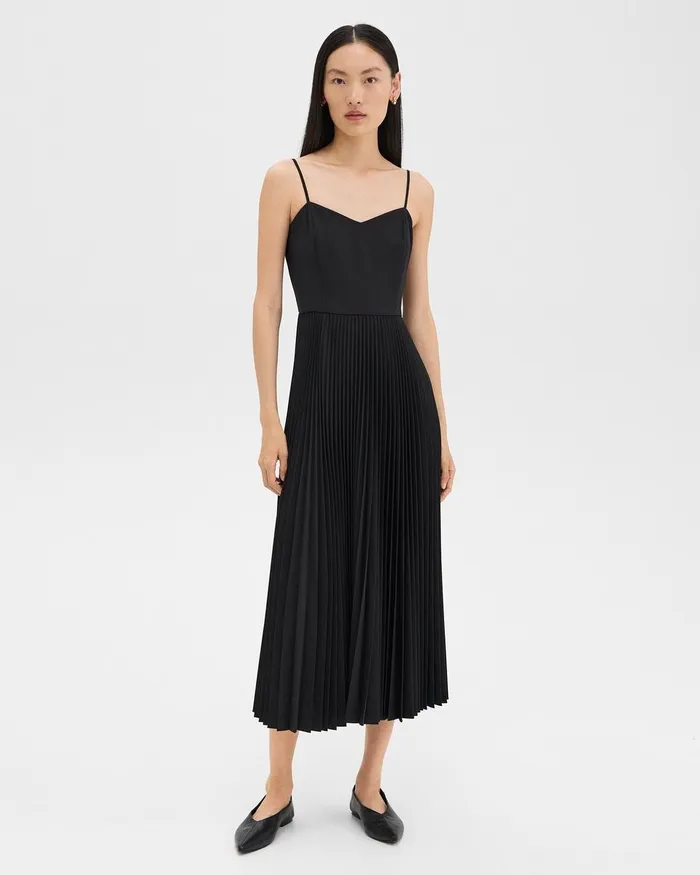Women Theory Dresses Pleated Combo Dress In Stretch WoolBlend Black