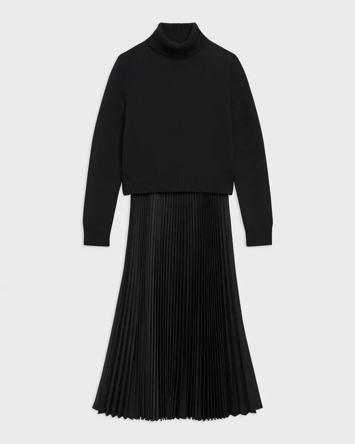 Women Theory Dresses Pleated Combo Dress In Stretch WoolBlend Black