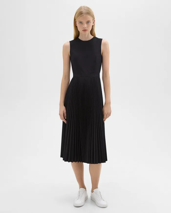 Women Theory Dresses Pleated Midi Dress In Sleek Poplin Black