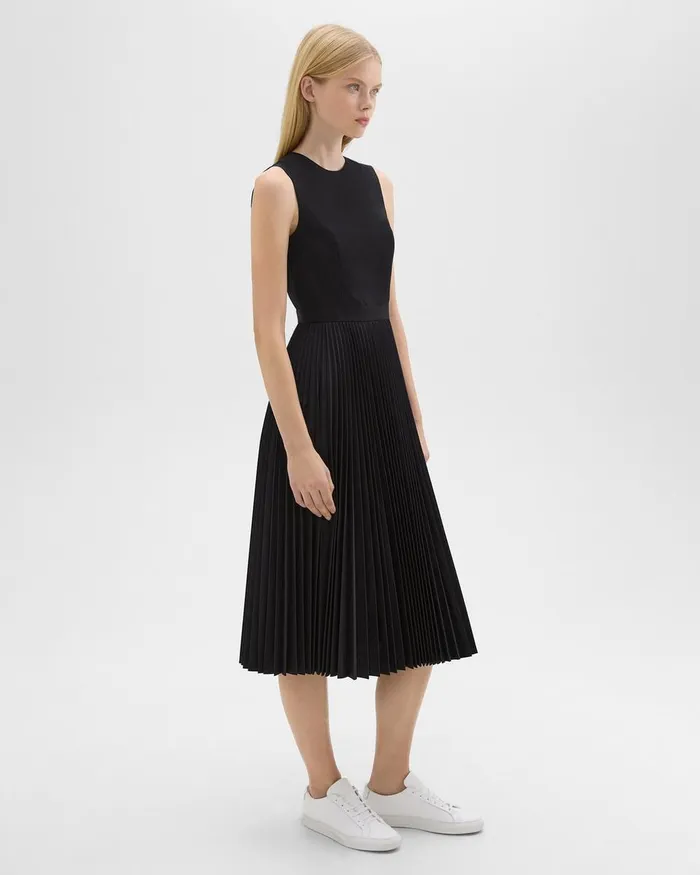 Women Theory Dresses Pleated Midi Dress In Sleek Poplin Black