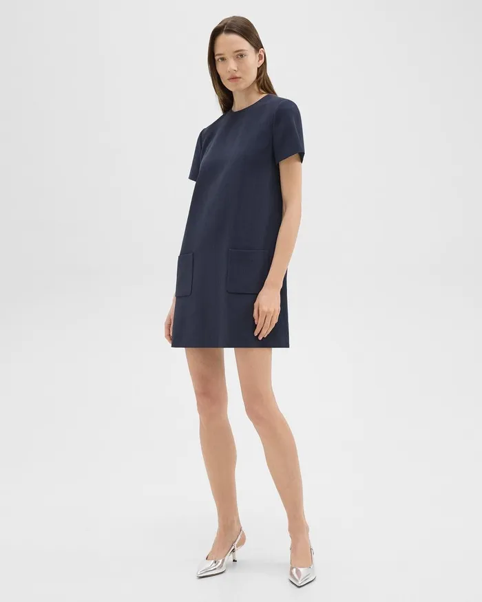 Women Theory Dresses ShortSleeve Mini Dress In Striped Admiral Crepe Nocturne Navy
