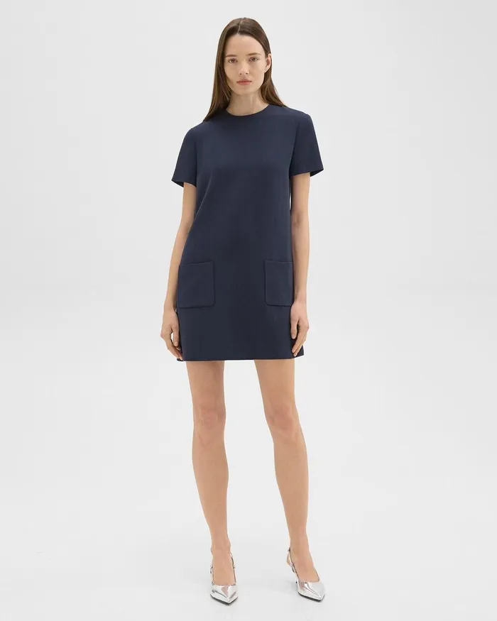 Women Theory Dresses ShortSleeve Mini Dress In Striped Admiral Crepe Nocturne Navy