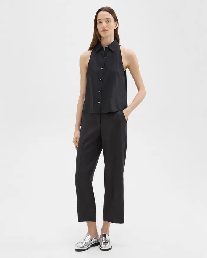 Women Theory Pants Straight PullOn Pant In LinenViscose Black