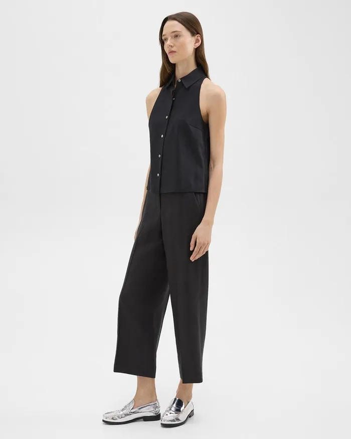 Women Theory Pants Straight PullOn Pant In LinenViscose Black
