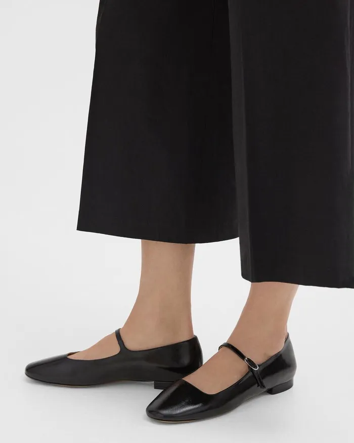 Women Theory Shoes Mary Jane Ballerina Flat In Crinkled Patent Leather Black