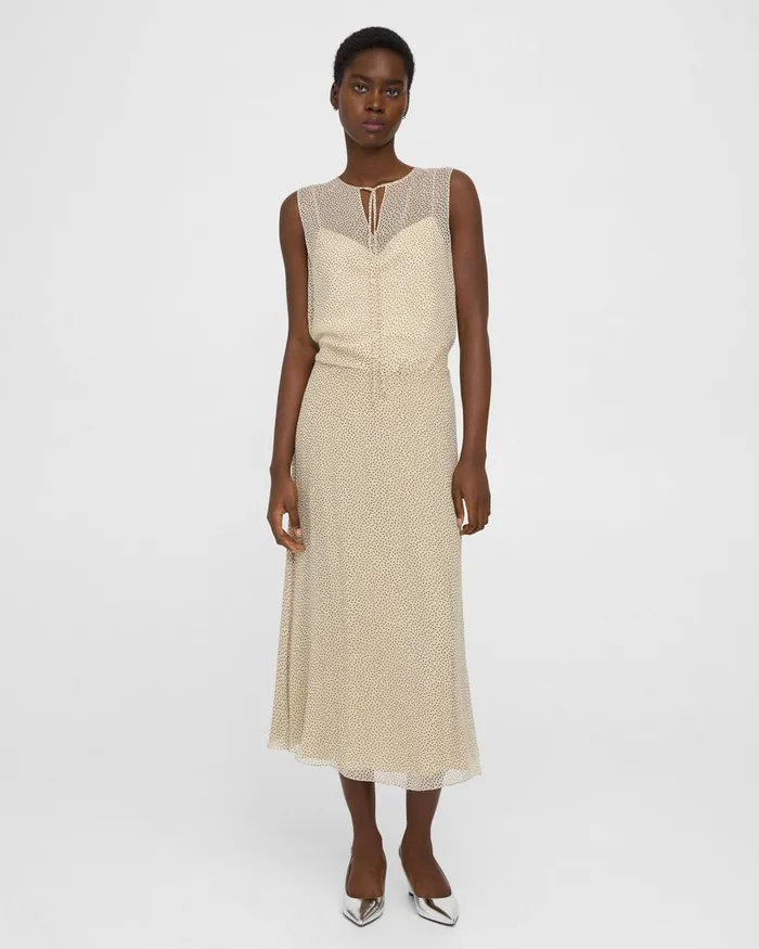 Women Theory Skirts Flared Midi Skirt In Polka Dot Silk Oatmeal Multi