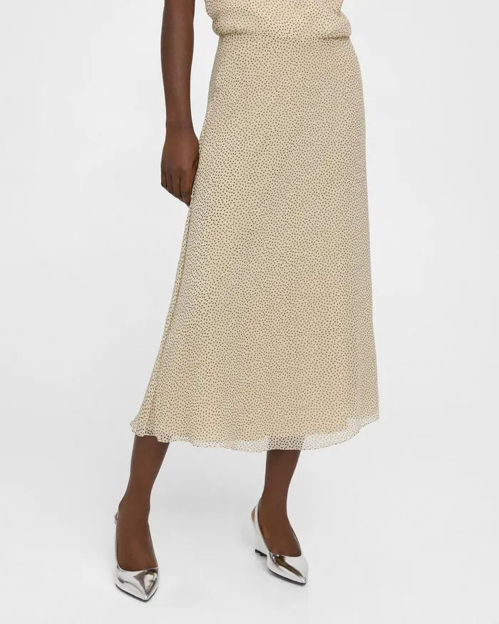 Women Theory Skirts Flared Midi Skirt In Polka Dot Silk Oatmeal Multi