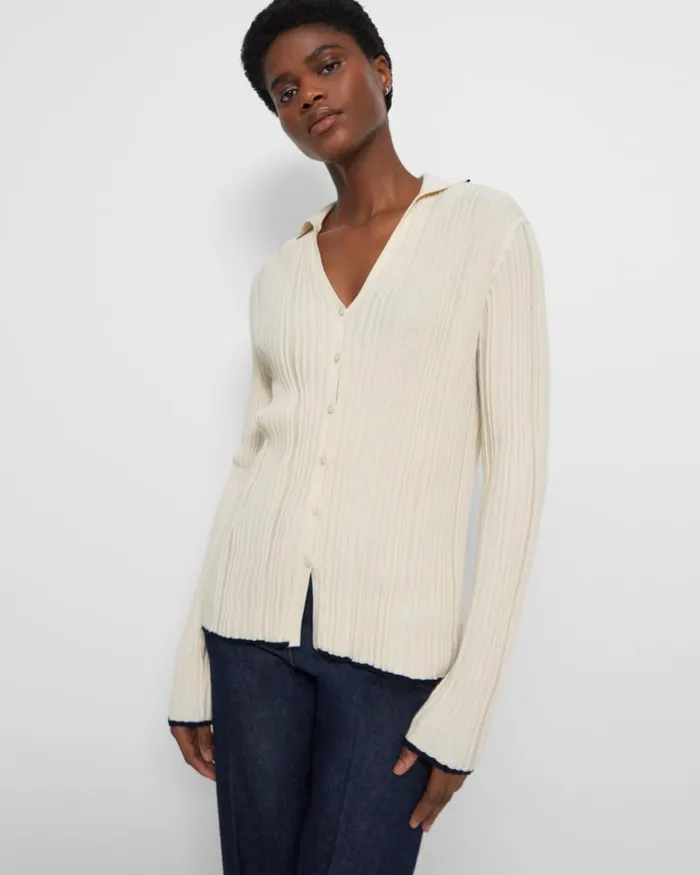 Women Theory Sweaters Cardigans Ribbed Polo Cardigan In CottonCashmere Ecru