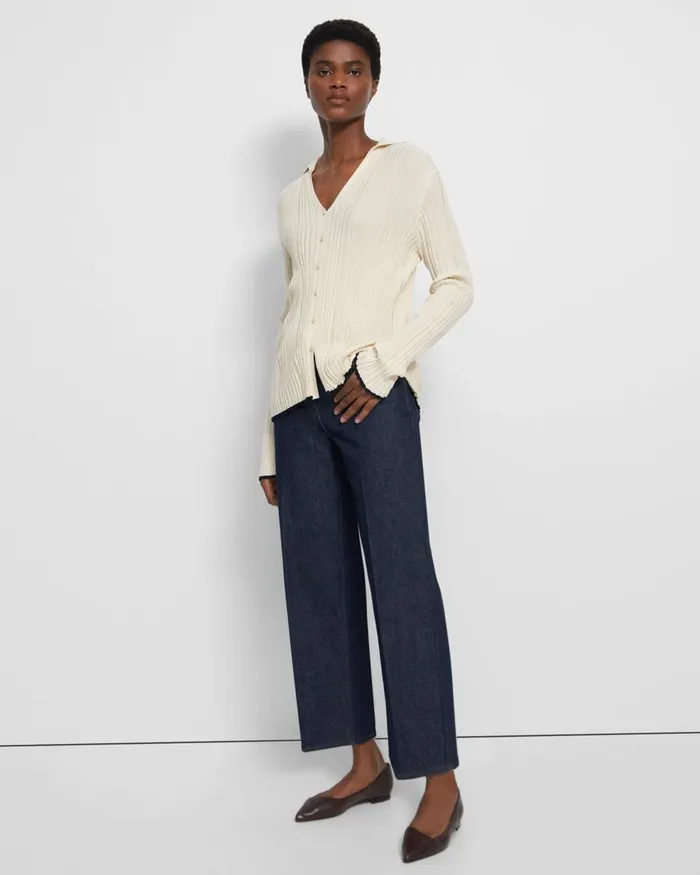 Women Theory Sweaters Cardigans Ribbed Polo Cardigan In CottonCashmere Ecru