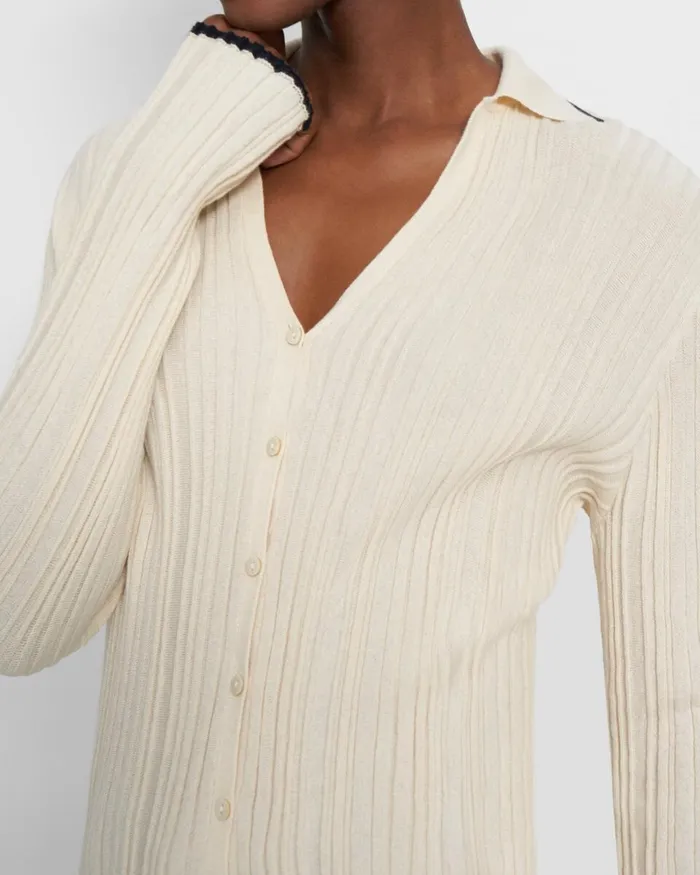 Women Theory Sweaters Cardigans Ribbed Polo Cardigan In CottonCashmere Ecru