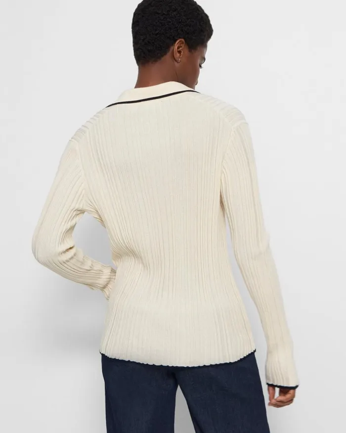 Women Theory Sweaters Cardigans Ribbed Polo Cardigan In CottonCashmere Ecru