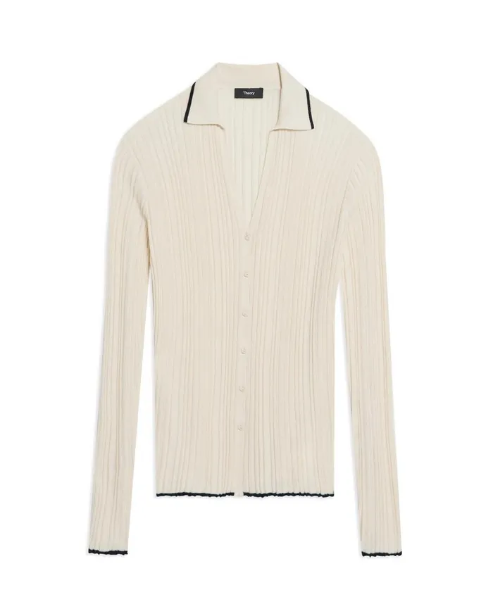 Women Theory Sweaters Cardigans Ribbed Polo Cardigan In CottonCashmere Ecru