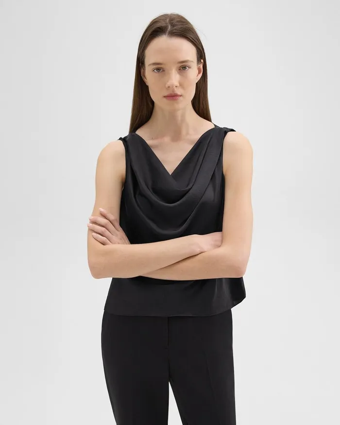 Women Theory Tops Cowl Neck Top In Crushed Satin Black