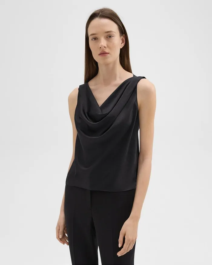 Women Theory Tops Cowl Neck Top In Crushed Satin Black