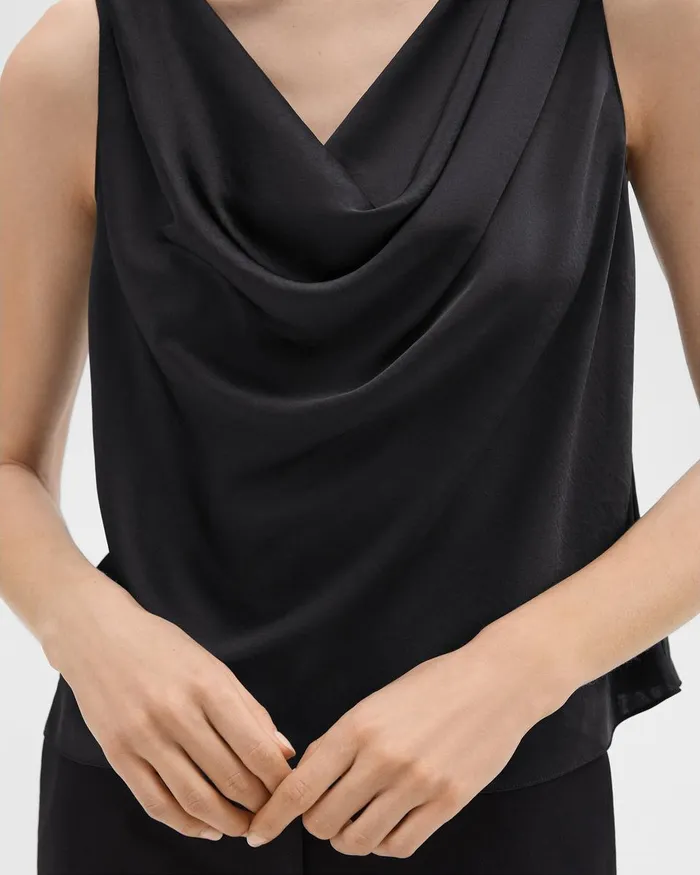 Women Theory Tops Cowl Neck Top In Crushed Satin Black